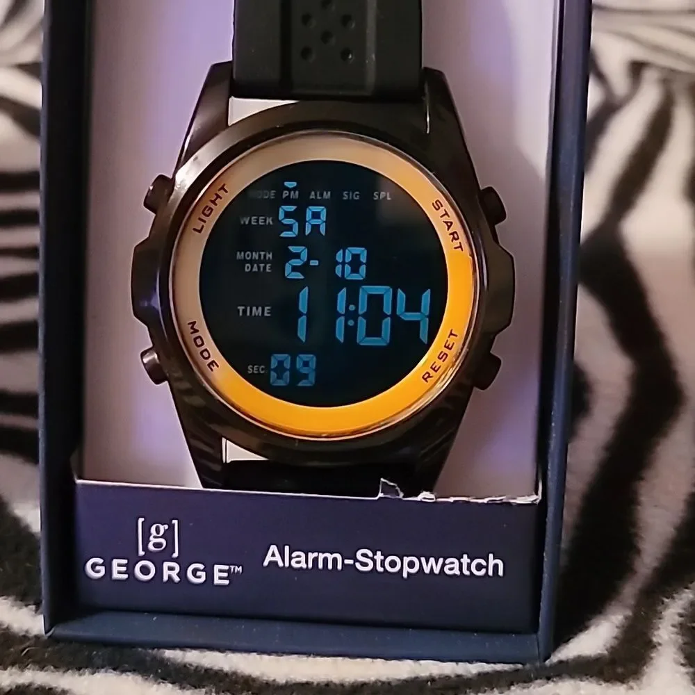 NEW in Box George [g] Alarm Stopwatch Wristwatch Rubber/Silicone Band Black Case